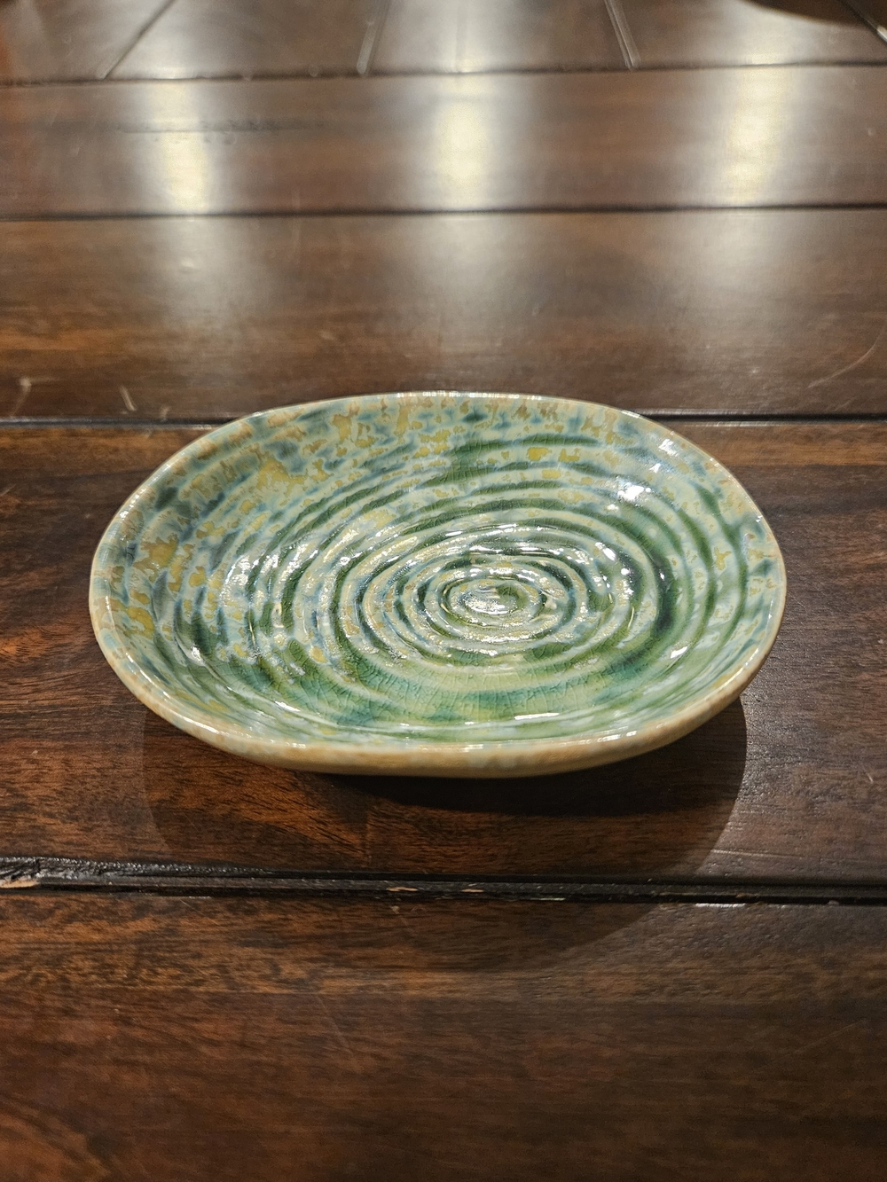 ​Creative Co-Op Stoneware Swirl Dish Teal Green Yellow Glaze Oval 4" DF8850